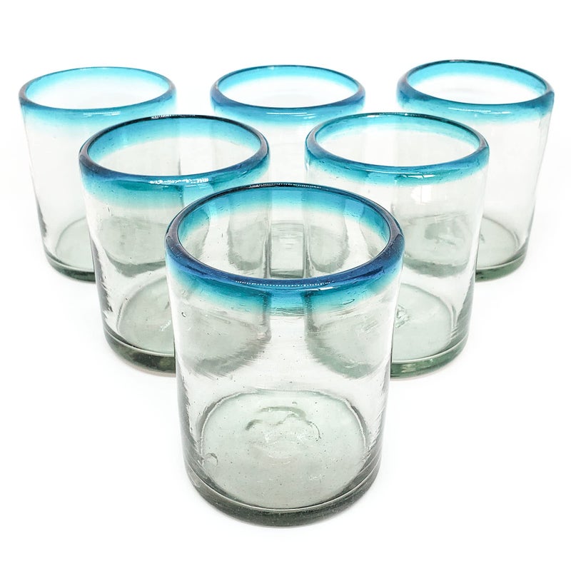 MexHandcraft Aqua Blue Rim 10 oz Tumbler Glasses (set of 6) Mexican Handmade Glassware, Recycled Glass, Lead-free, Toxin-Free (Tumbler) - Image 1